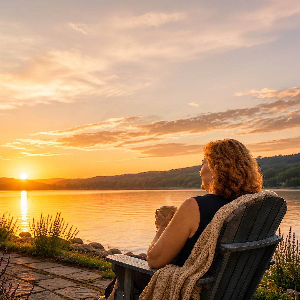 Sally Larkin Green enjoying a peaceful sunrise moment by the lake with coffee